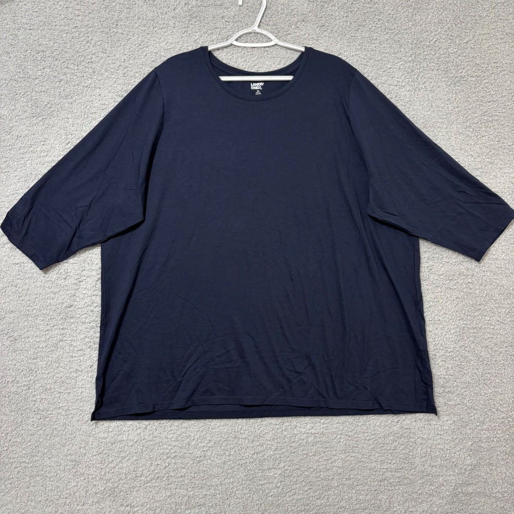 Work Casual Cotton Shirt Navy Blue Elbow Sleeve Side Slits Relaxed 3X Lands' End